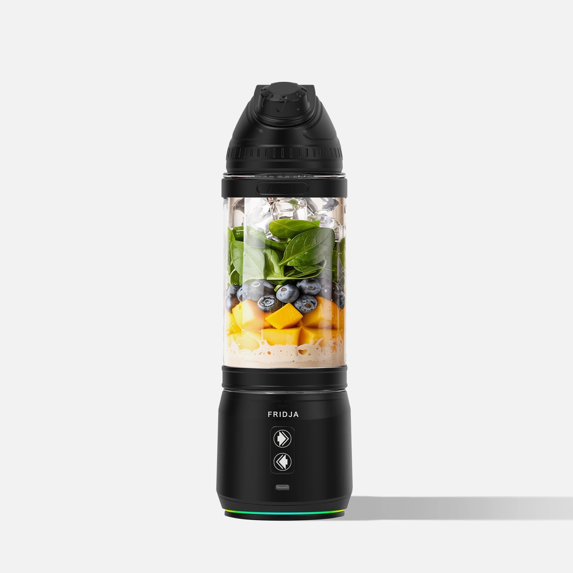 The Fridja f500 Portable Blender, in sleek black, is ideal for active lifestyles—blend spinach, blueberries, mango chunks, ice, and liquid anywhere. Its base features a power button and bold Fridja branding—perfect for smoothies on the go.