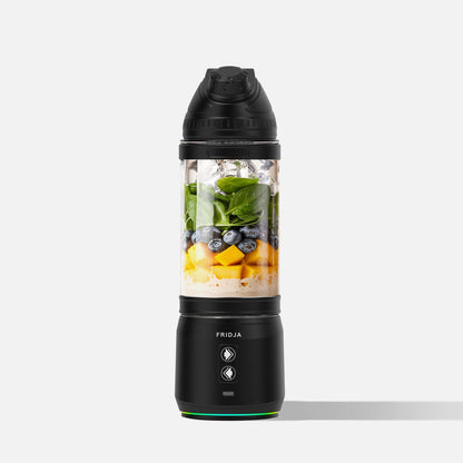 The Fridja f500 Portable Blender, in sleek black, is ideal for active lifestyles—blend spinach, blueberries, mango chunks, ice, and liquid anywhere. Its base features a power button and bold Fridja branding—perfect for smoothies on the go.
