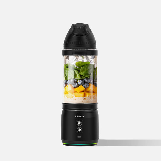 The Fridja f500 Portable Blender, in sleek black, is ideal for active lifestyles—blend spinach, blueberries, mango chunks, ice, and liquid anywhere. Its base features a power button and bold Fridja branding—perfect for smoothies on the go.