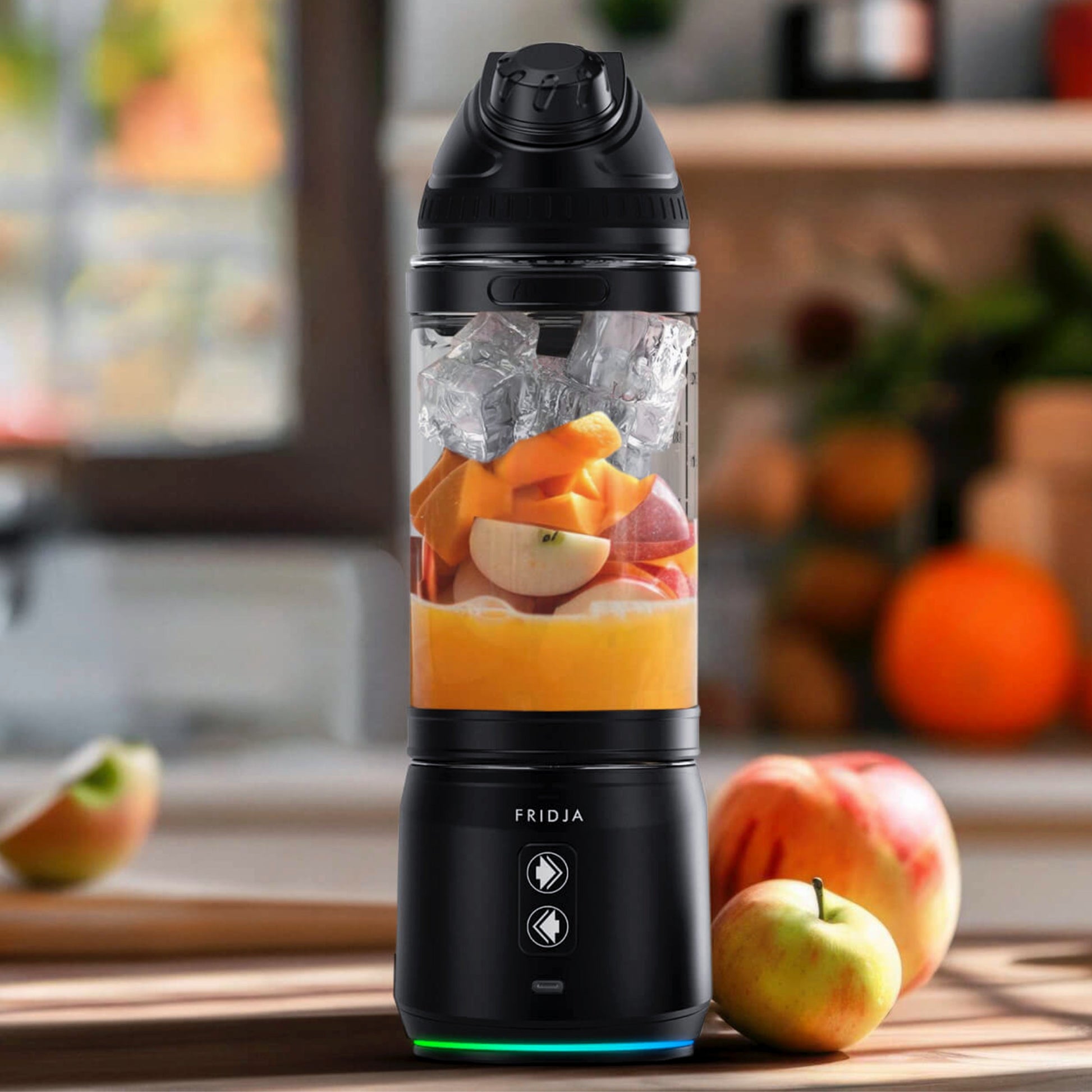 The Fridja f500 Portable Blender in black, ideal for smoothies and active lifestyles, sits on a kitchen counter filled with ice, orange, and apple pieces, surrounded by whole apples and blurred fruit in the background.